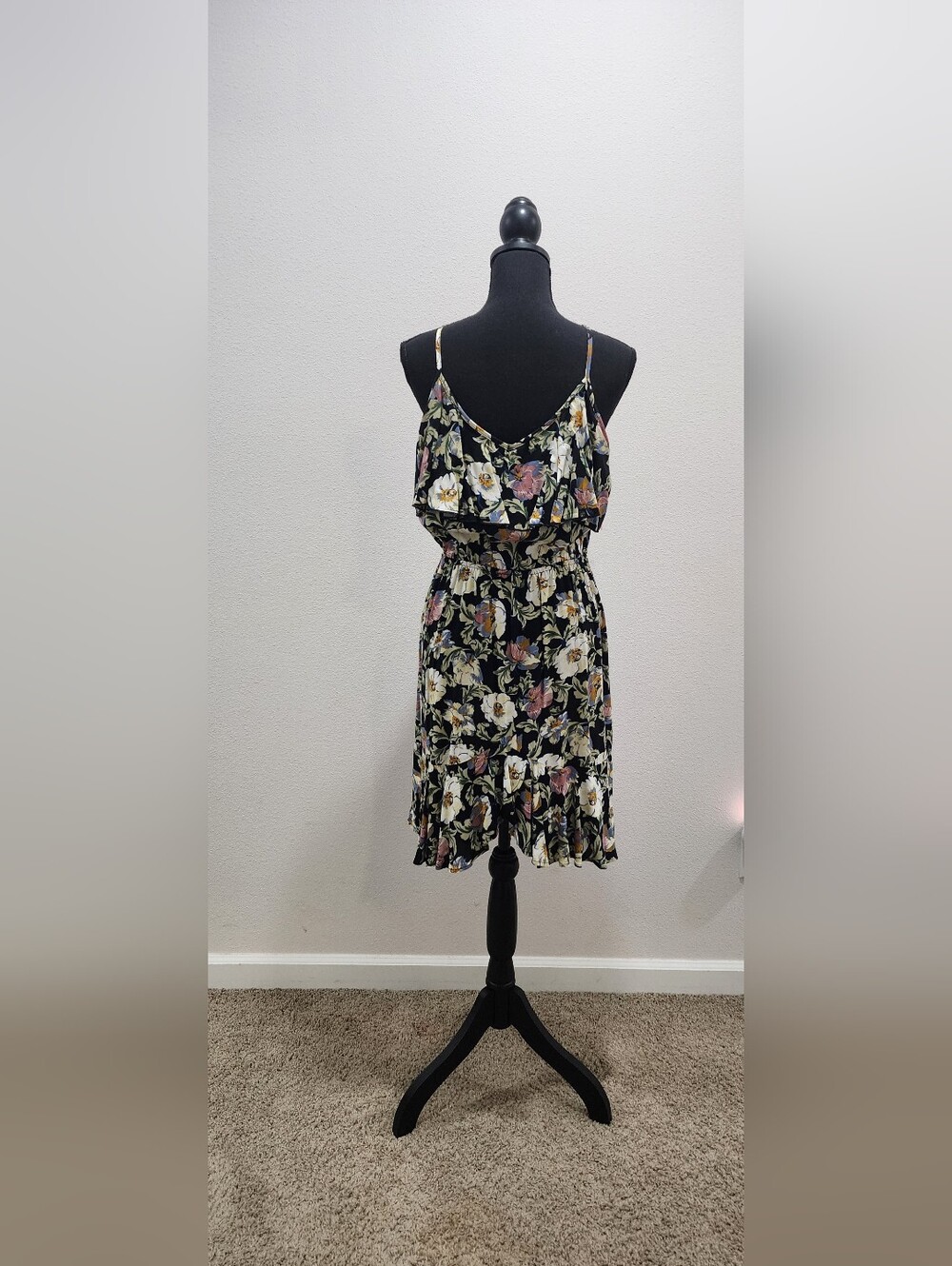 Xhilaration Black Floral Midi Dress with Pink & Cream Blooms